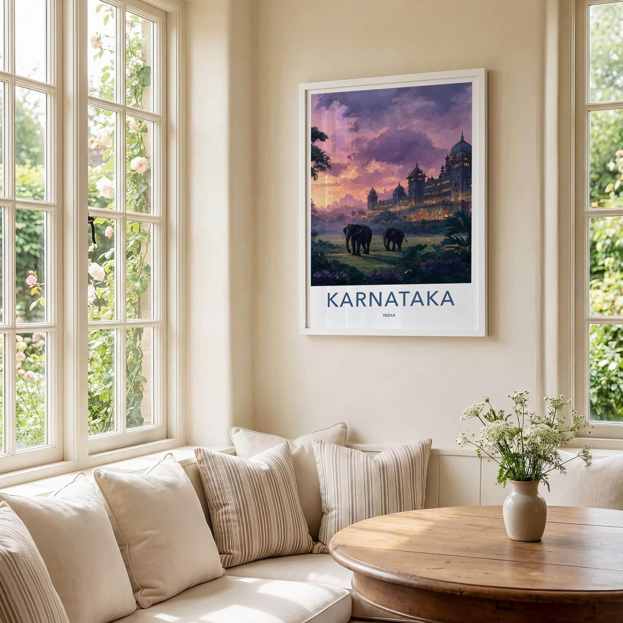 Karnataka Poster - India Travel Art - Karnataka Elephants Sunset Home Decor