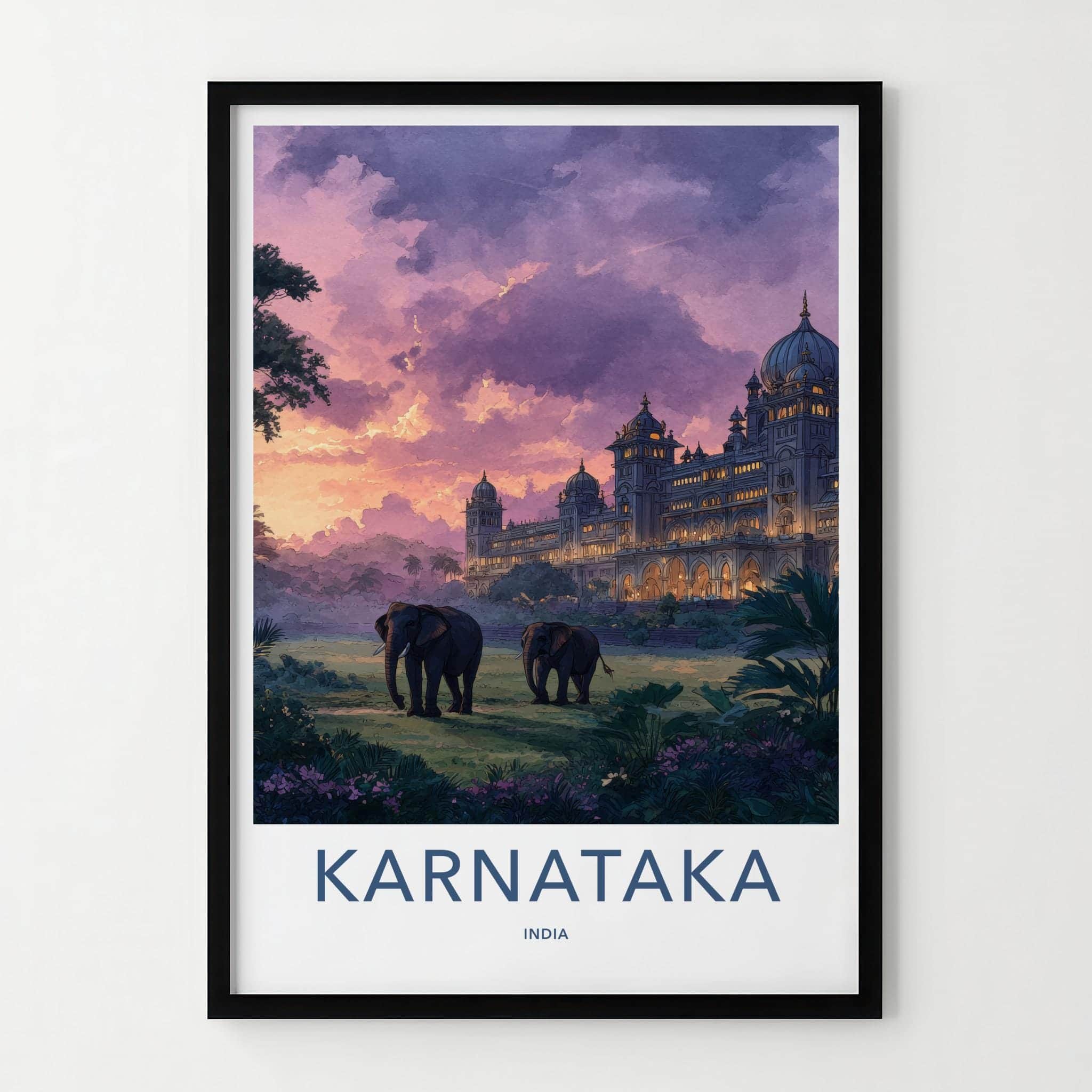 Karnataka Poster - India Travel Art - Karnataka Elephants Sunset Home Decor