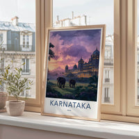 Karnataka Poster - India Travel Art - Karnataka Elephants Sunset Home Decor