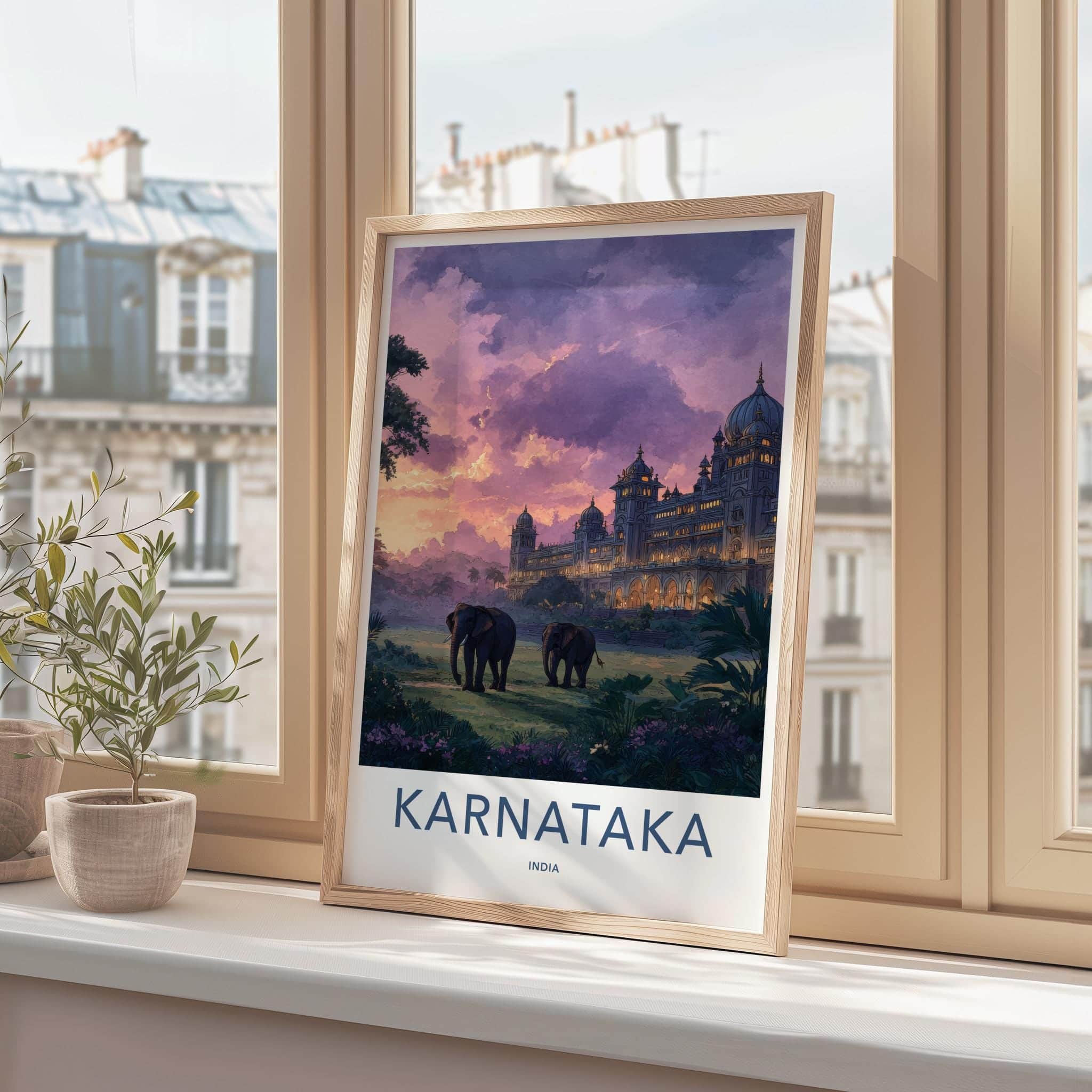 Karnataka Poster - India Travel Art - Karnataka Elephants Sunset Home Decor