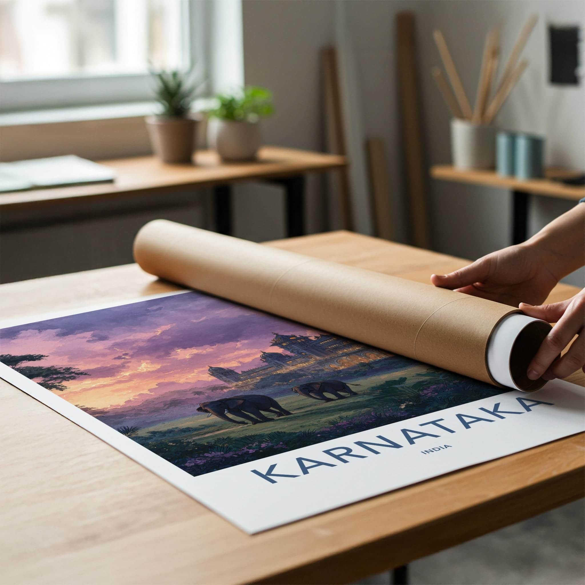 Karnataka Poster - India Travel Art - Karnataka Elephants Sunset Home Decor