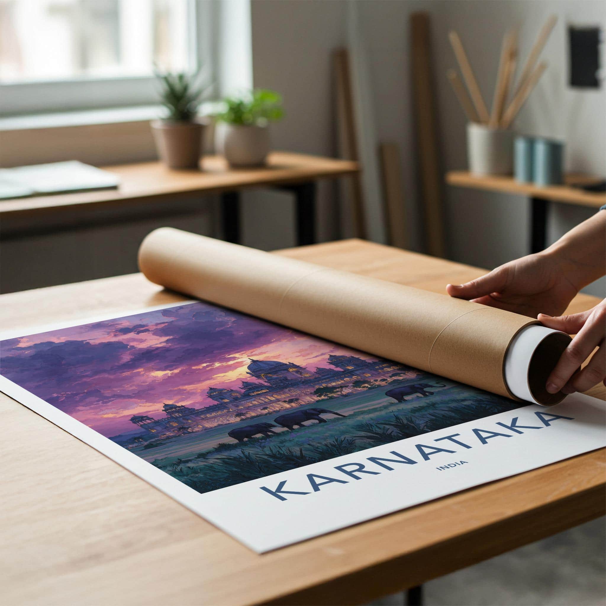 Karnataka Poster - India Travel Art - Karnataka Sunset Palace Elephants Home Decor