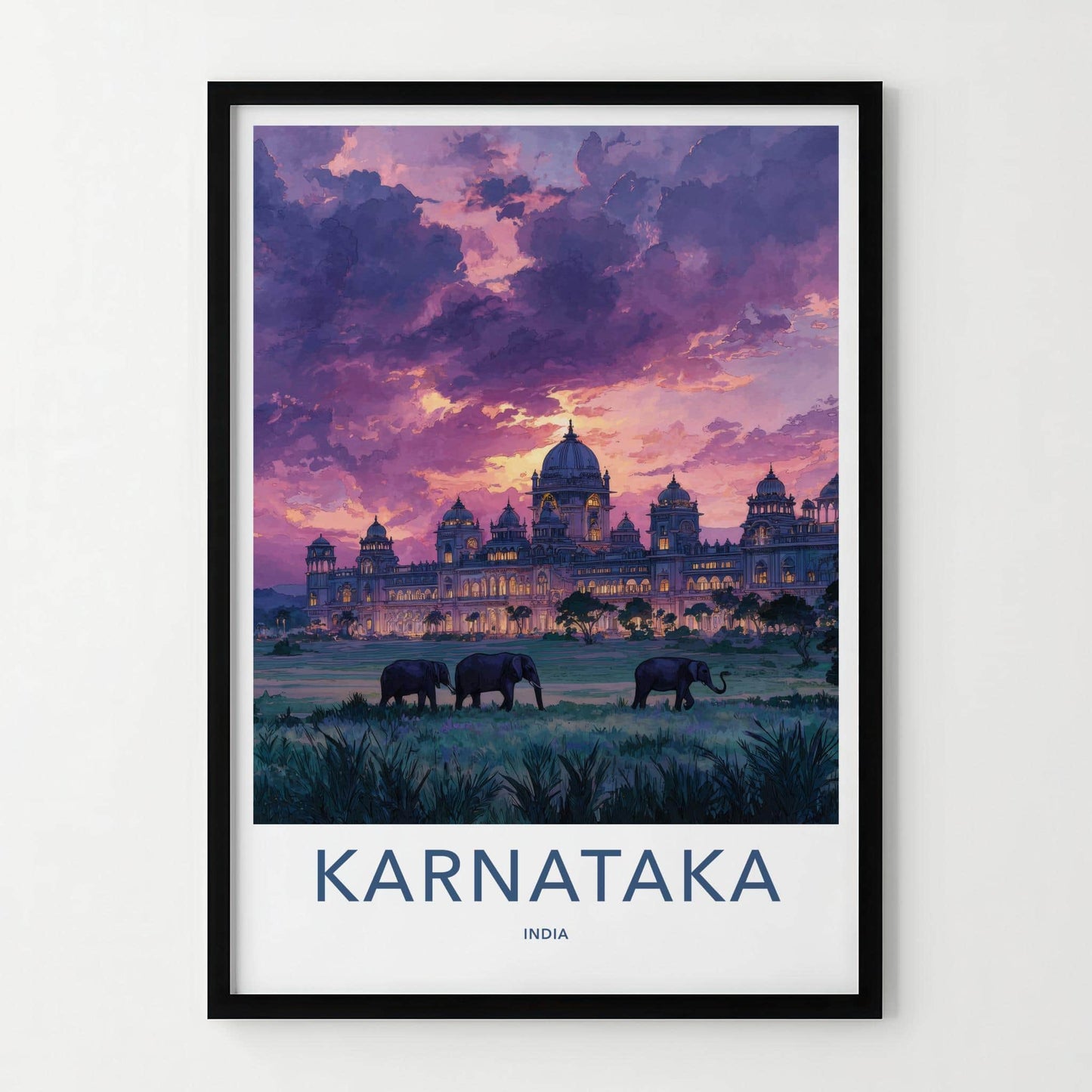 Karnataka Poster - India Travel Art - Karnataka Sunset Palace Elephants Home Decor