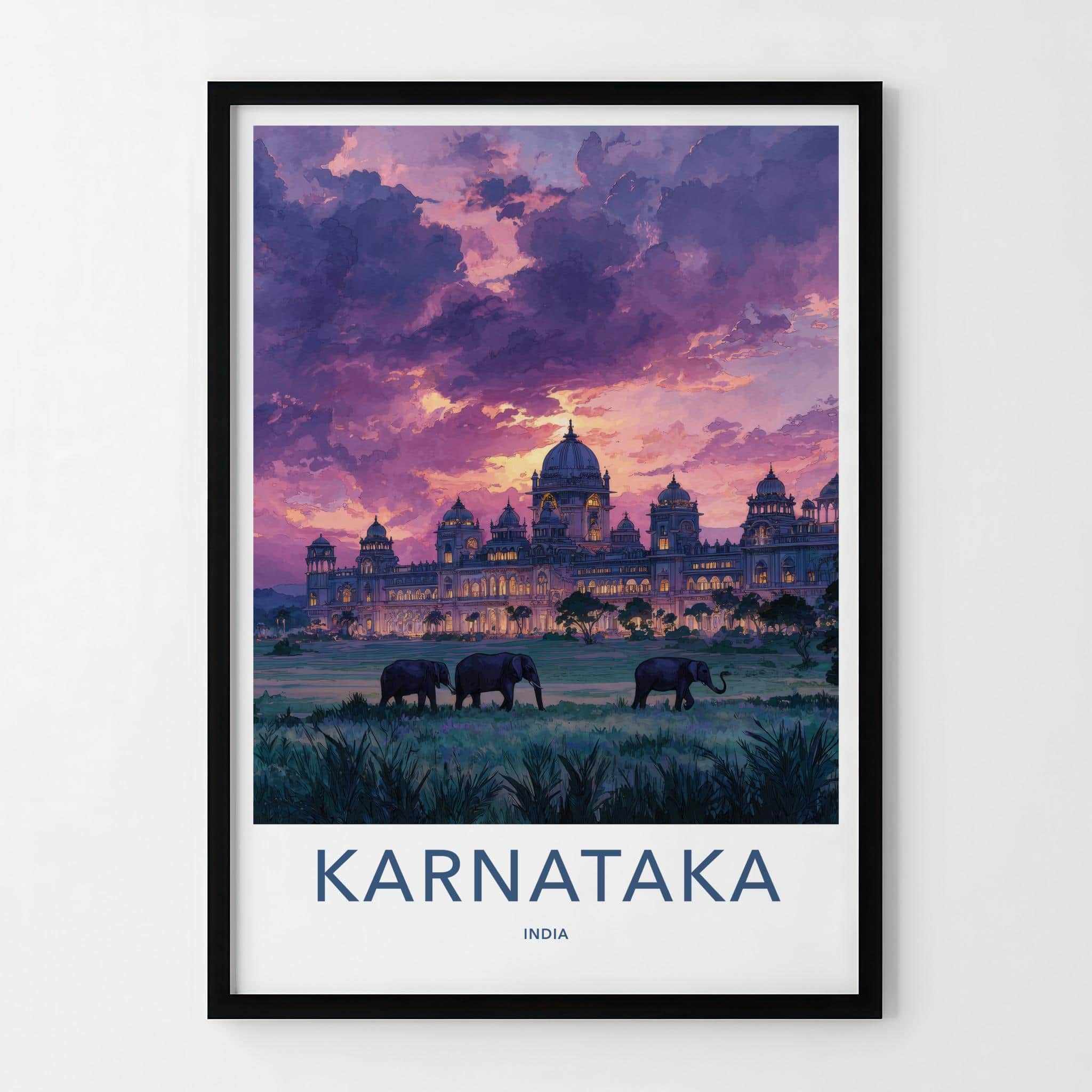 Karnataka Poster - India Travel Art - Karnataka Sunset Palace Elephants Home Decor