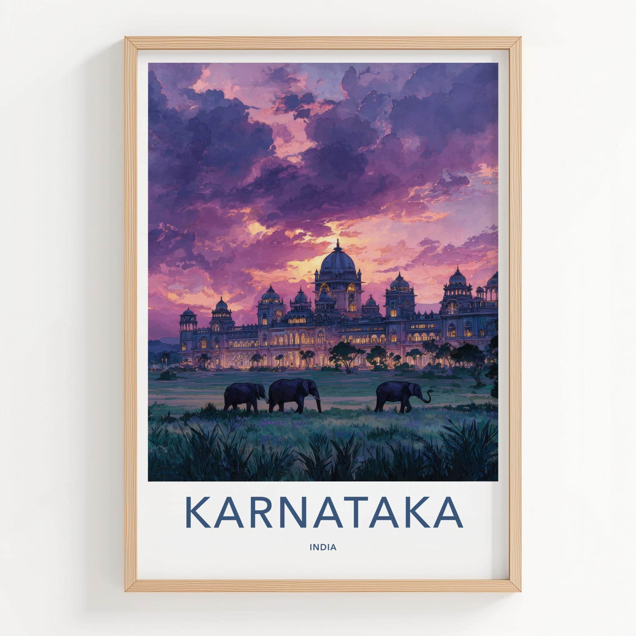 Karnataka Poster - India Travel Art - Karnataka Sunset Palace Elephants Home Decor