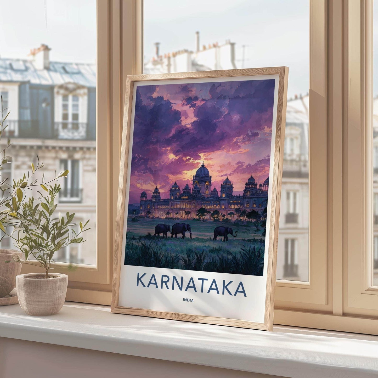 Karnataka Poster - India Travel Art - Karnataka Sunset Palace Elephants Home Decor