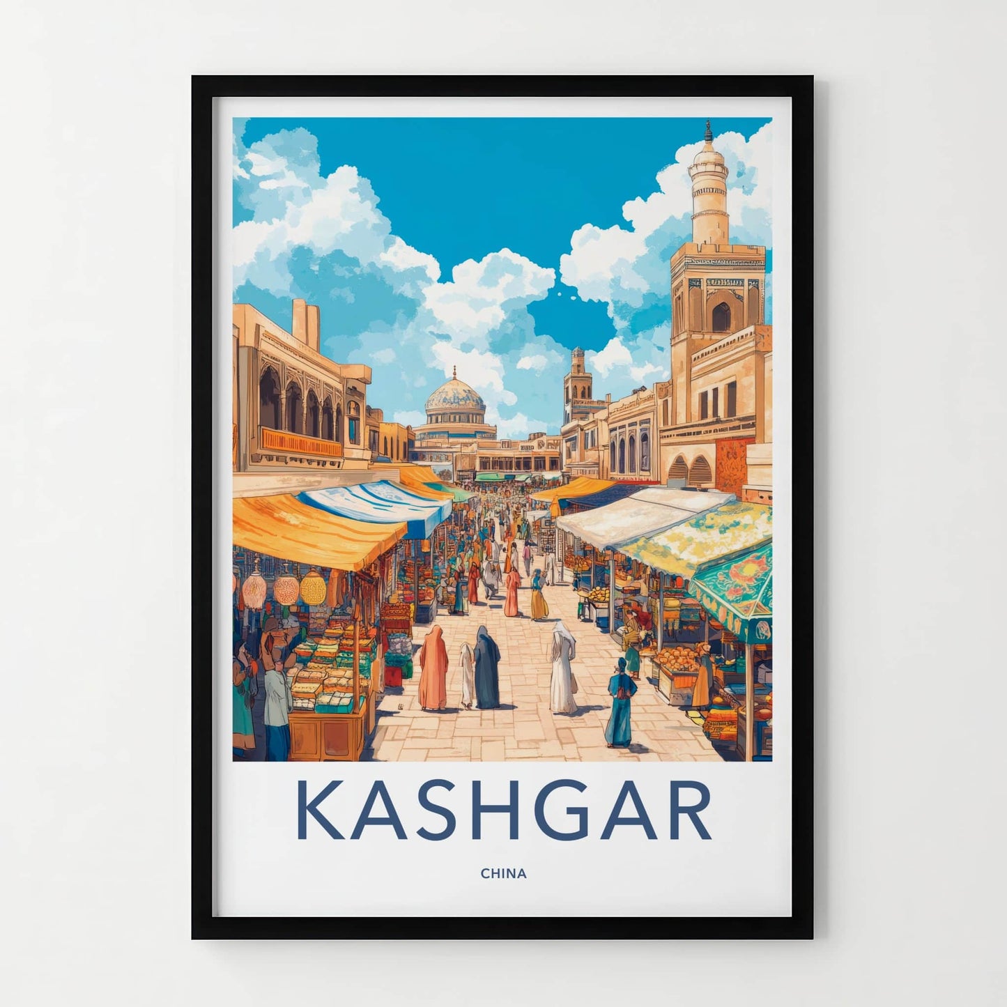Kashgar Poster - China Travel Art - Bustling Market Street Wall Decor