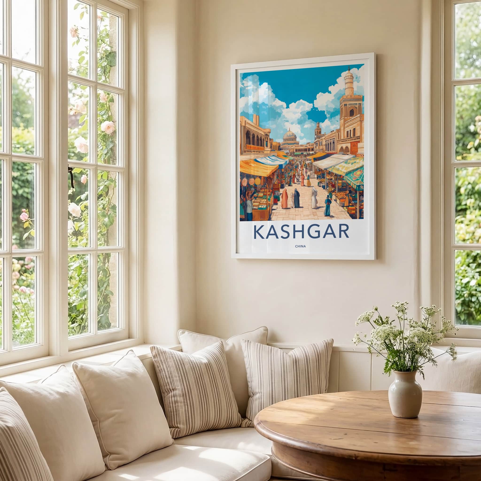 Kashgar Poster - China Travel Art - Bustling Market Street Wall Decor