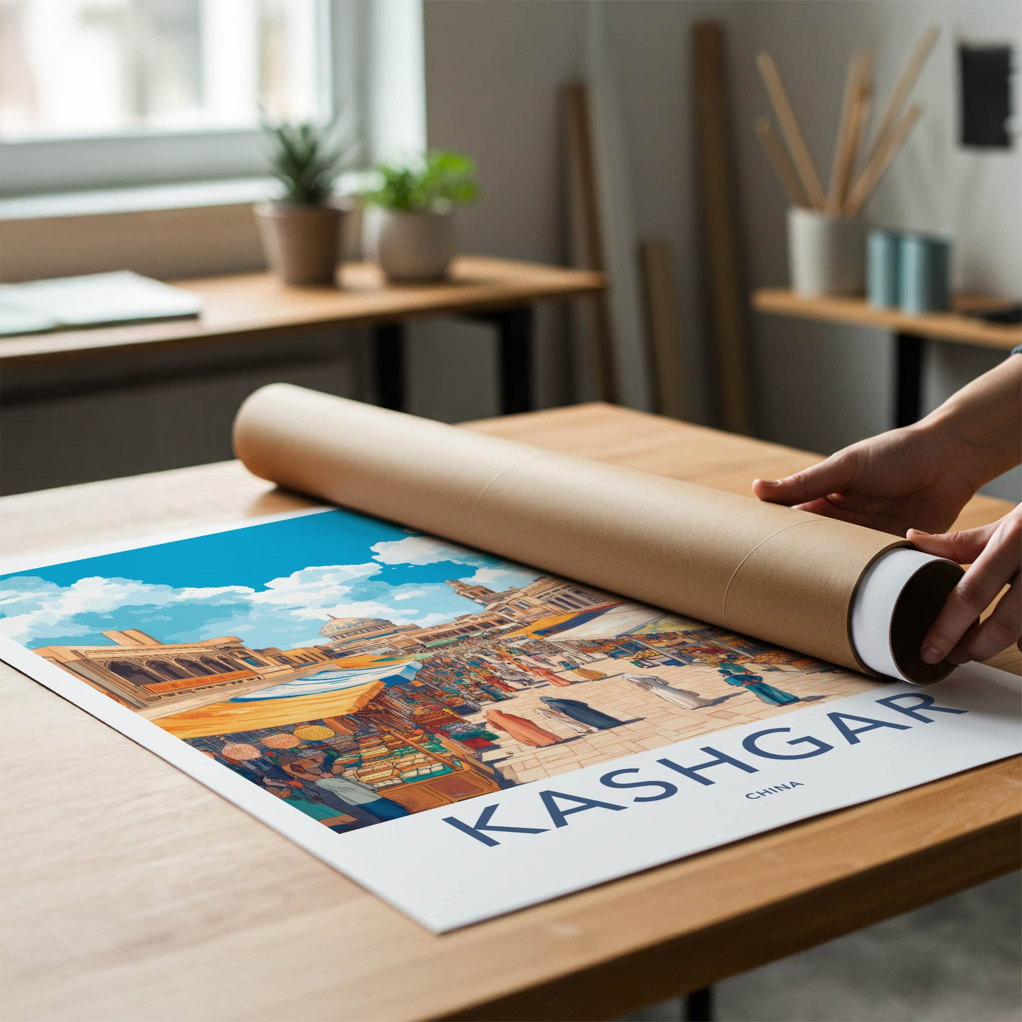 Kashgar Poster - China Travel Art - Bustling Market Street Wall Decor