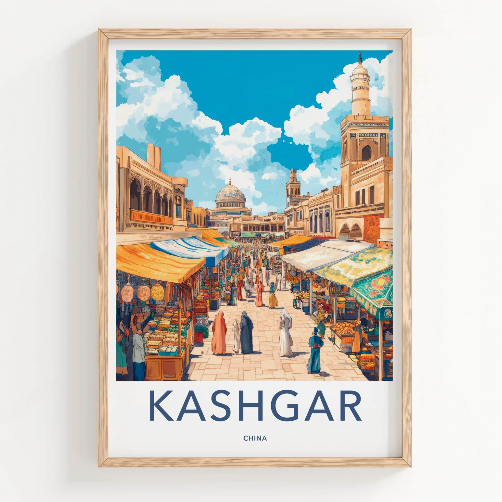 Kashgar Poster - China Travel Art - Bustling Market Street Wall Decor