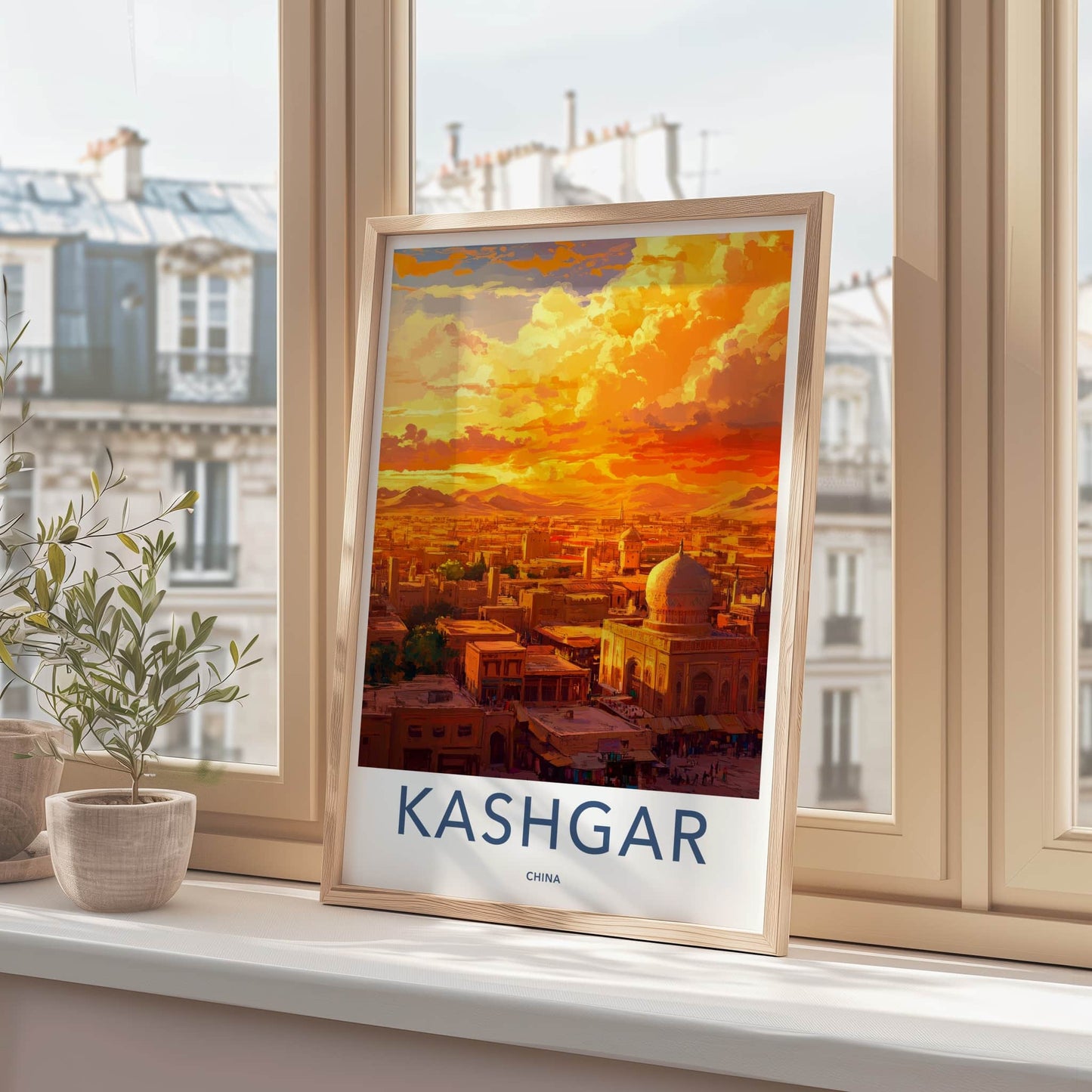Kashgar Poster - China Travel Art - Vibrant City Mountains Home Decor