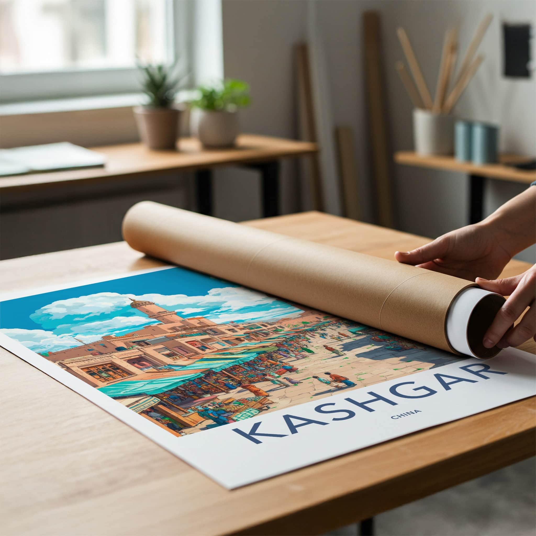 Kashgar Poster - China Travel Print - Vibrant Market Scene Lounge Decor