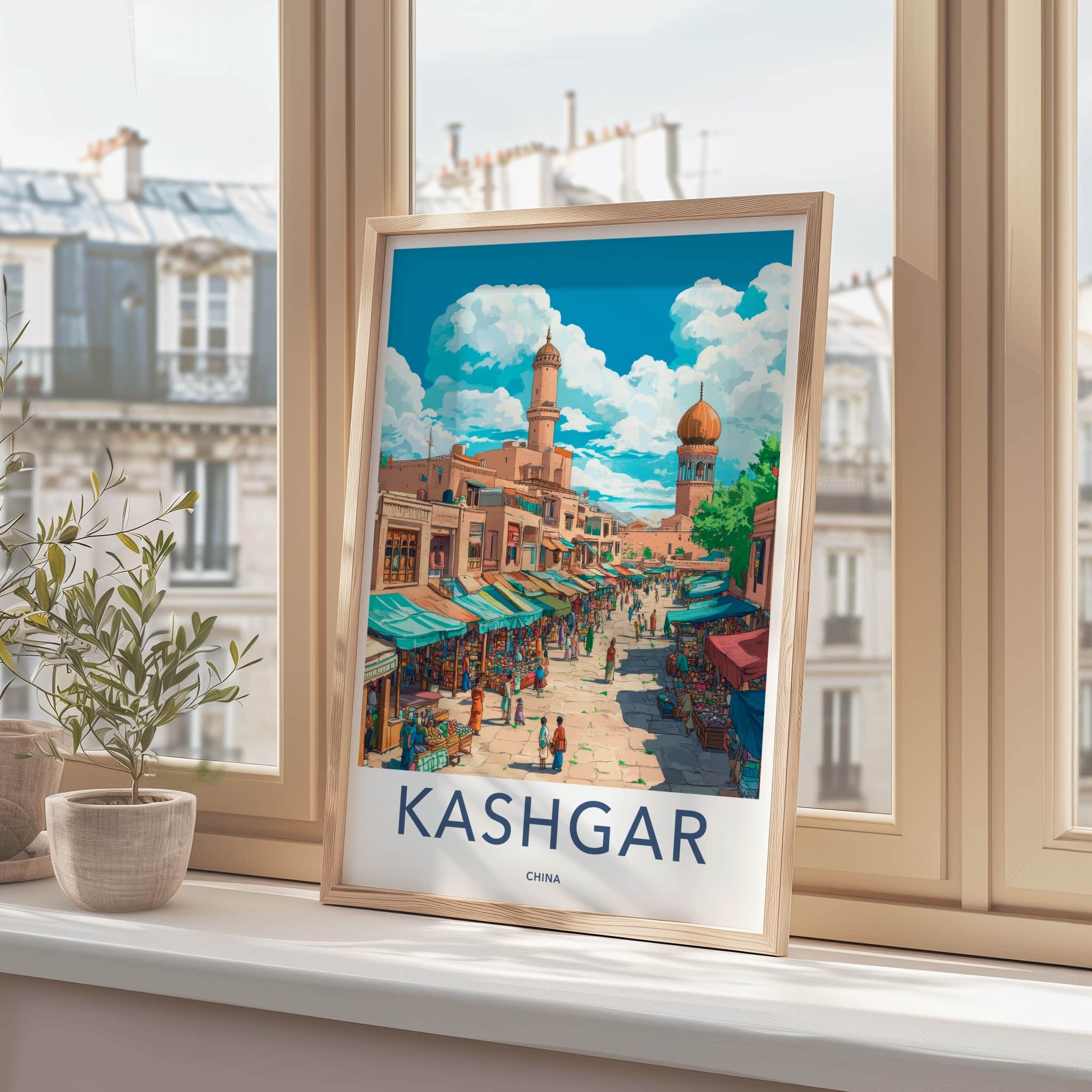 Kashgar Poster - China Travel Print - Vibrant Market Scene Lounge Decor