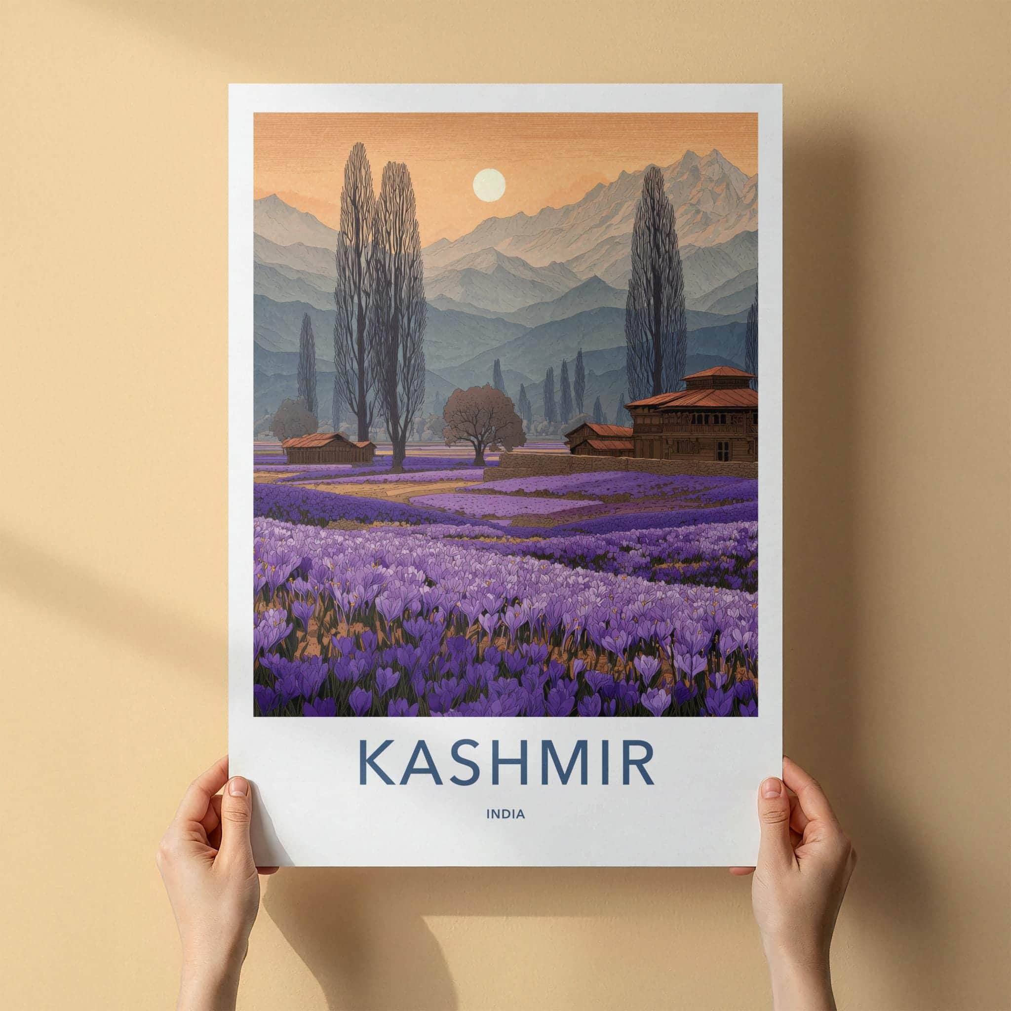 Kashmir Poster - India Travel Art - Jammu Kashmir Purple Field View Home Decor