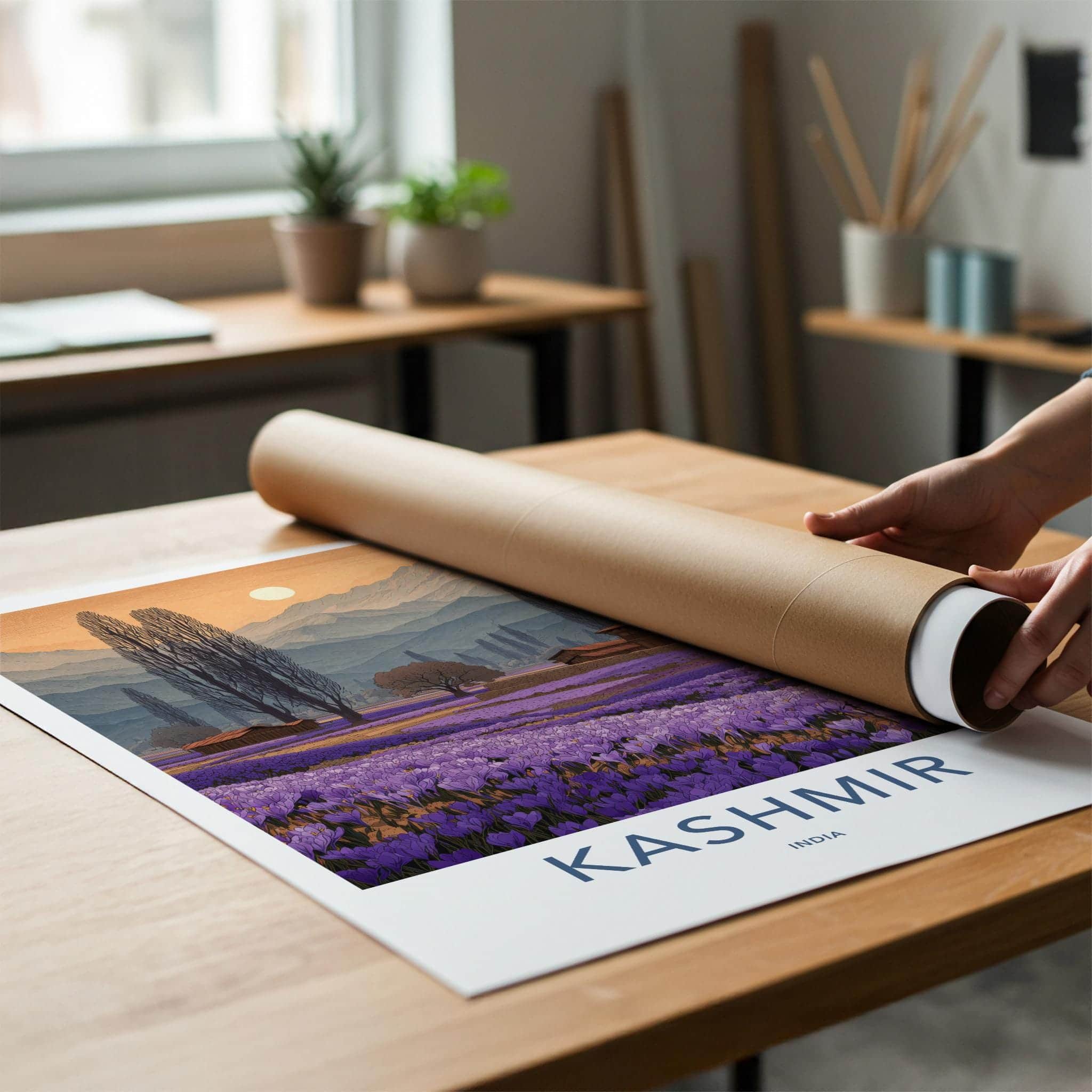 Kashmir Poster - India Travel Art - Jammu Kashmir Purple Field View Home Decor
