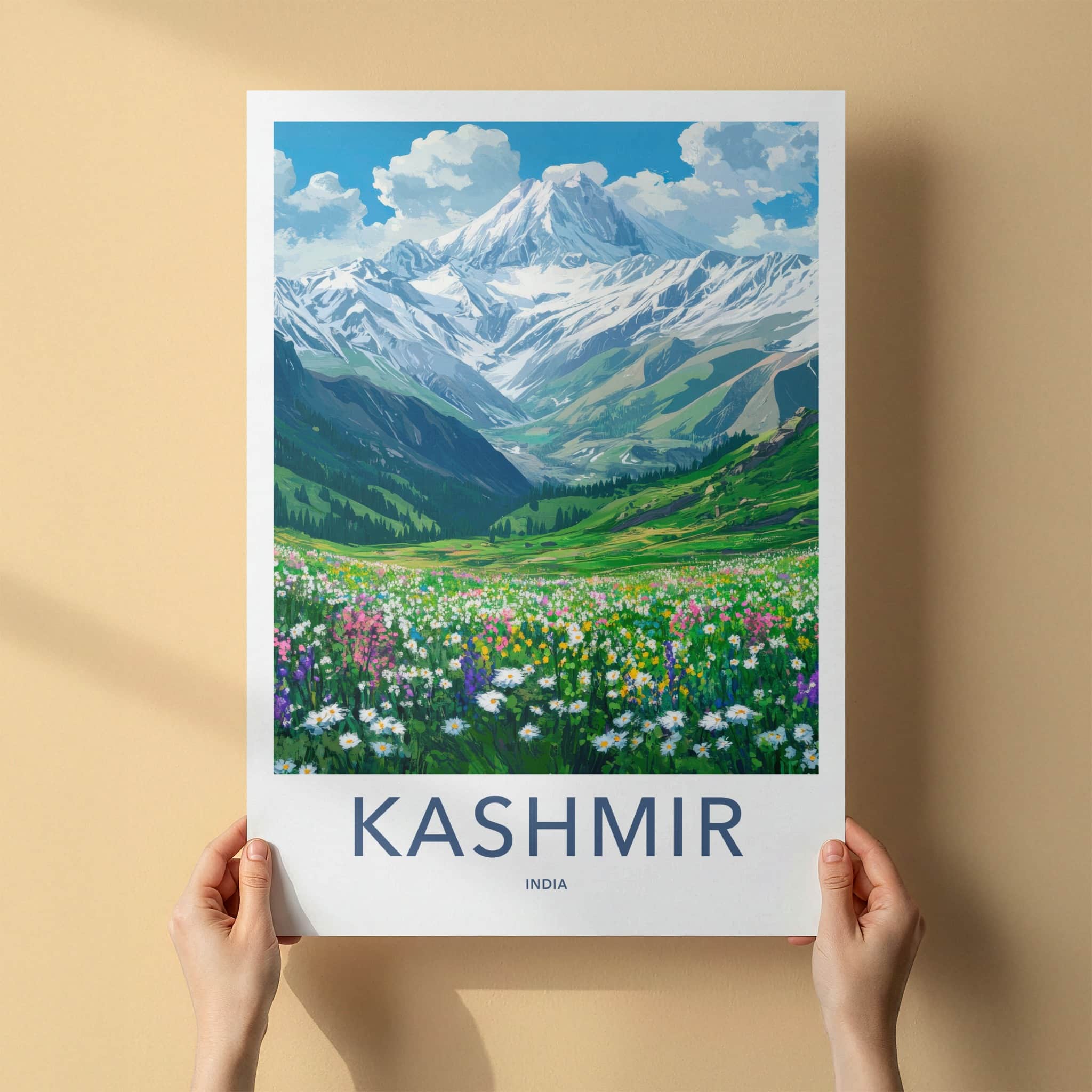 Kashmir Poster - India Travel Art - Jammu Kashmir Snowy Mountains Meadow Home Decor