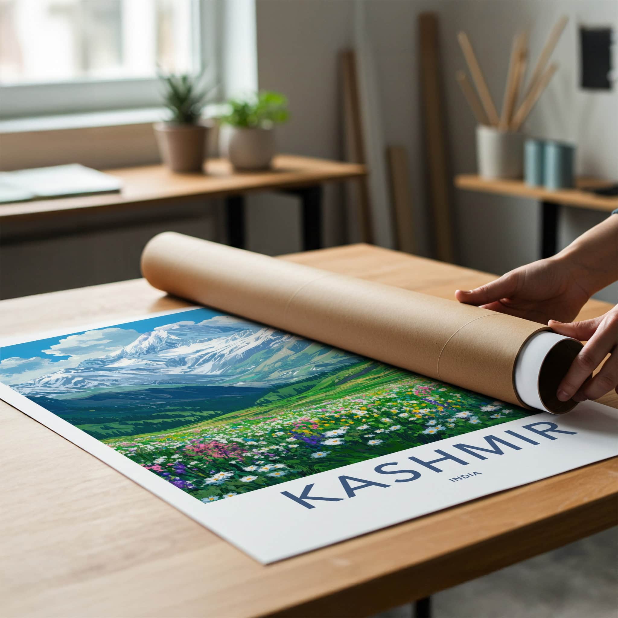 Kashmir Poster - India Travel Art - Jammu Kashmir Snowy Mountains Meadow Home Decor