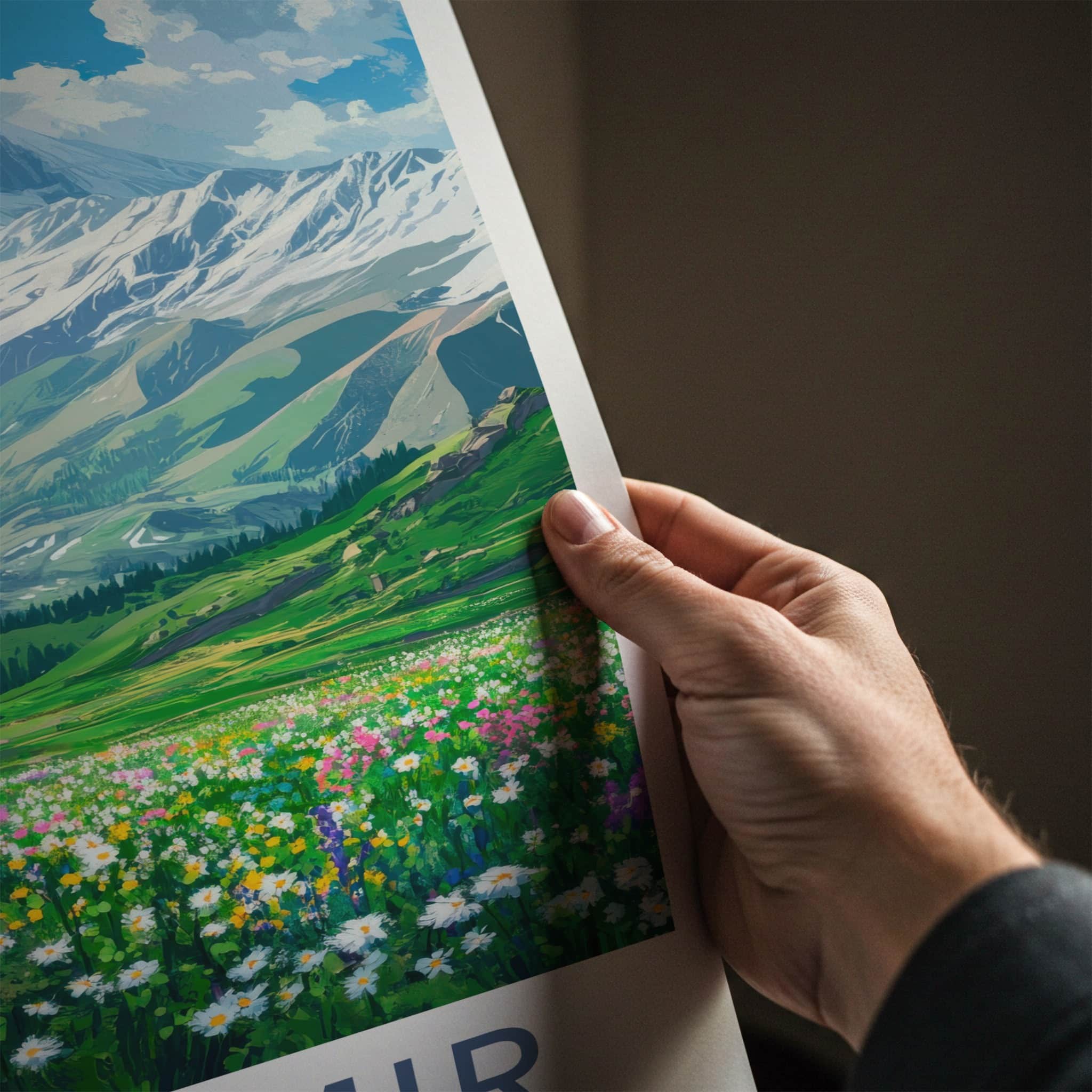 Kashmir Poster - India Travel Art - Jammu Kashmir Snowy Mountains Meadow Home Decor