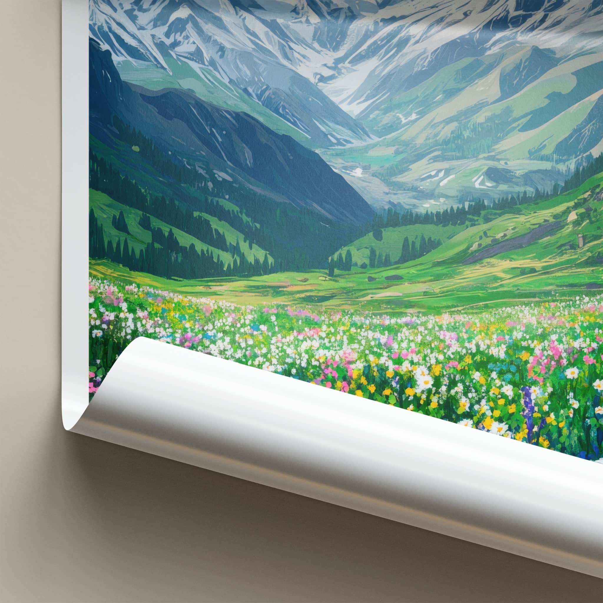 Kashmir Poster - India Travel Art - Jammu Kashmir Snowy Mountains Meadow Home Decor