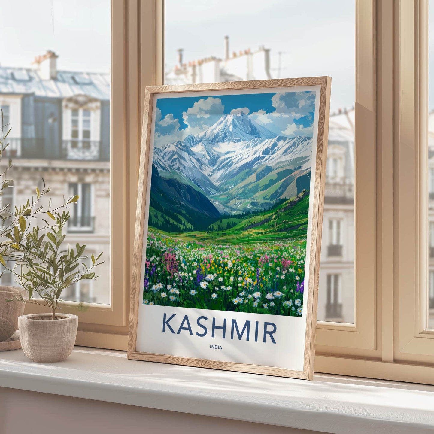 Kashmir Poster - India Travel Art - Jammu Kashmir Snowy Mountains Meadow Home Decor