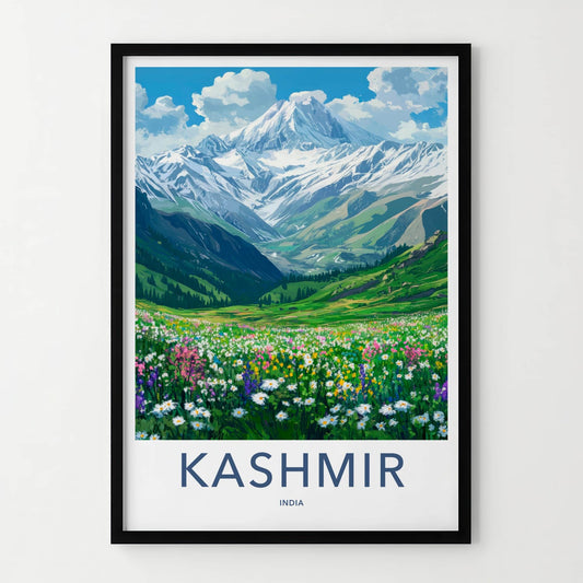 Kashmir Poster - India Travel Art - Jammu Kashmir Snowy Mountains Meadow Home Decor