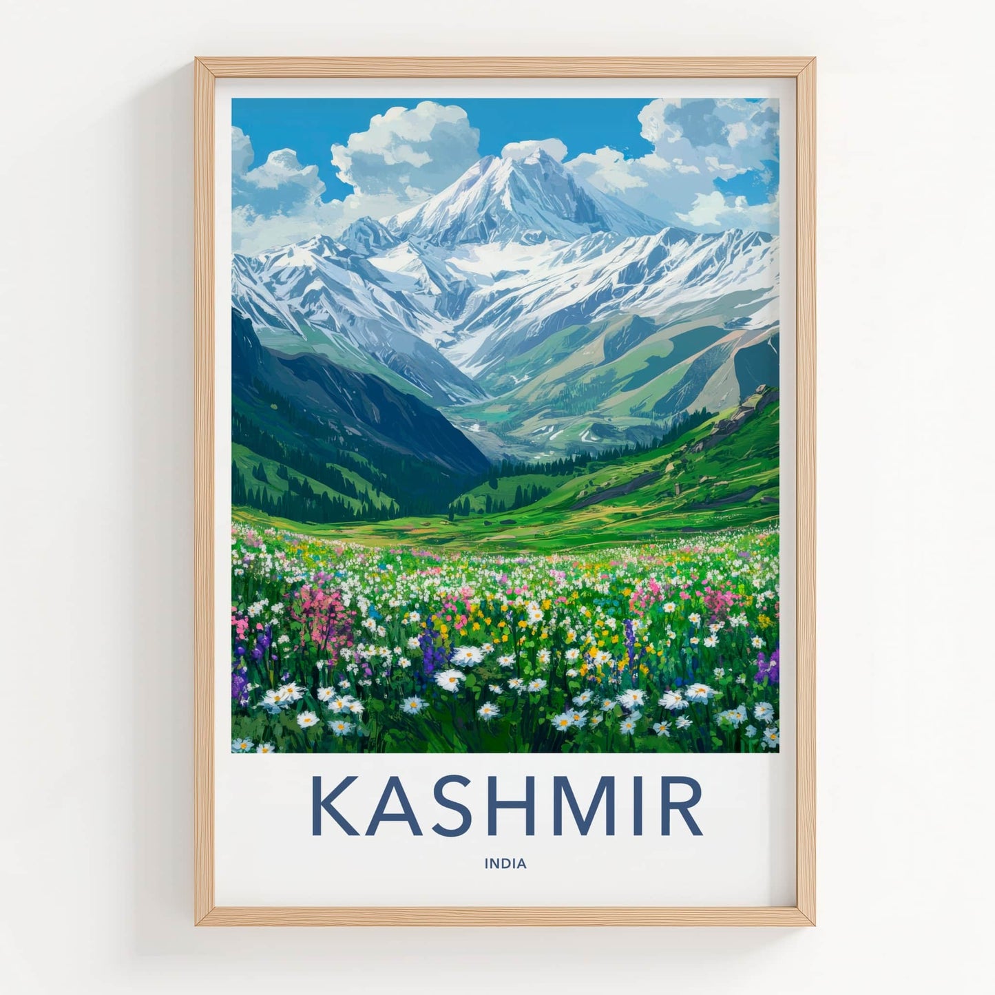 Kashmir Poster - India Travel Art - Jammu Kashmir Snowy Mountains Meadow Home Decor