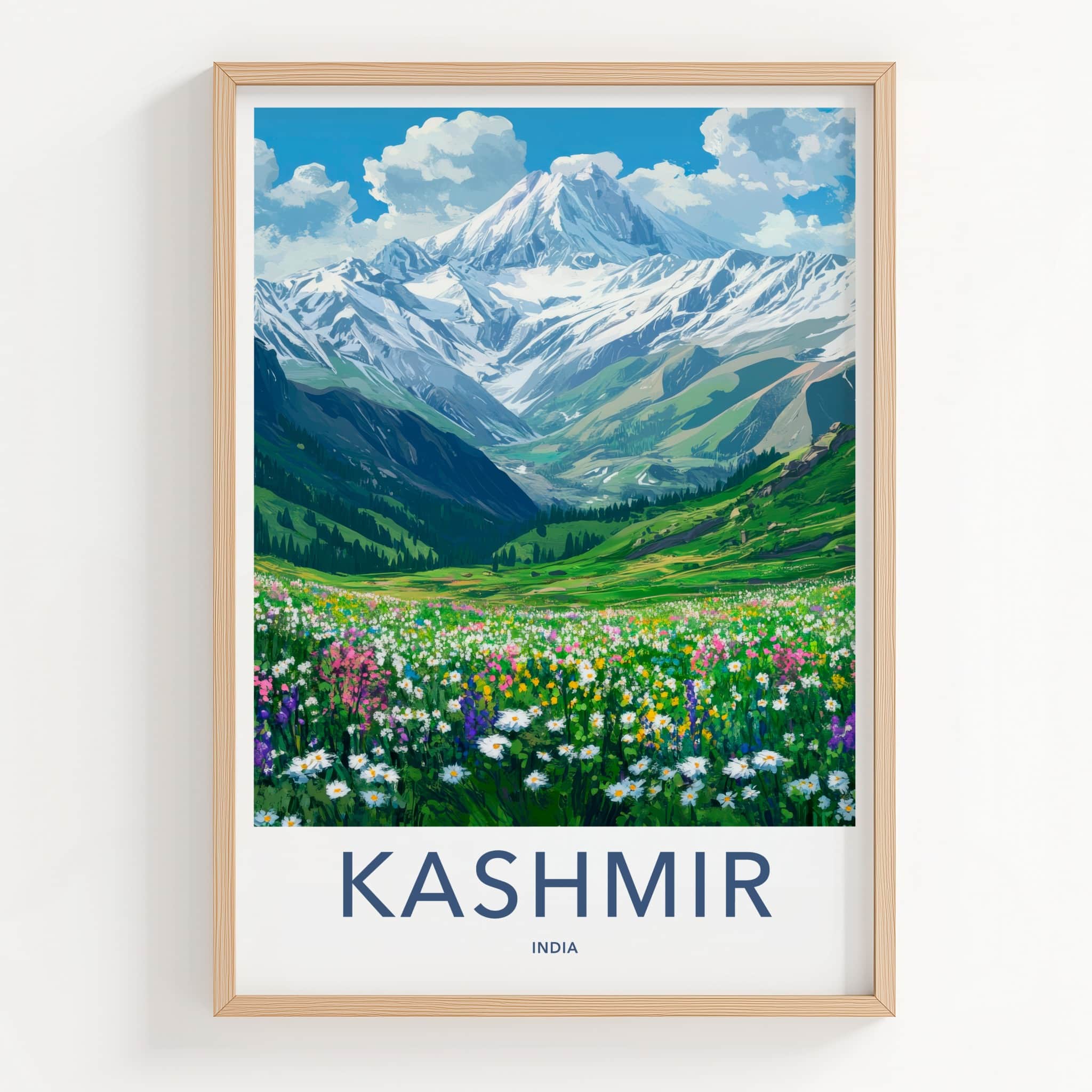 Kashmir Poster - India Travel Art - Jammu Kashmir Snowy Mountains Meadow Home Decor
