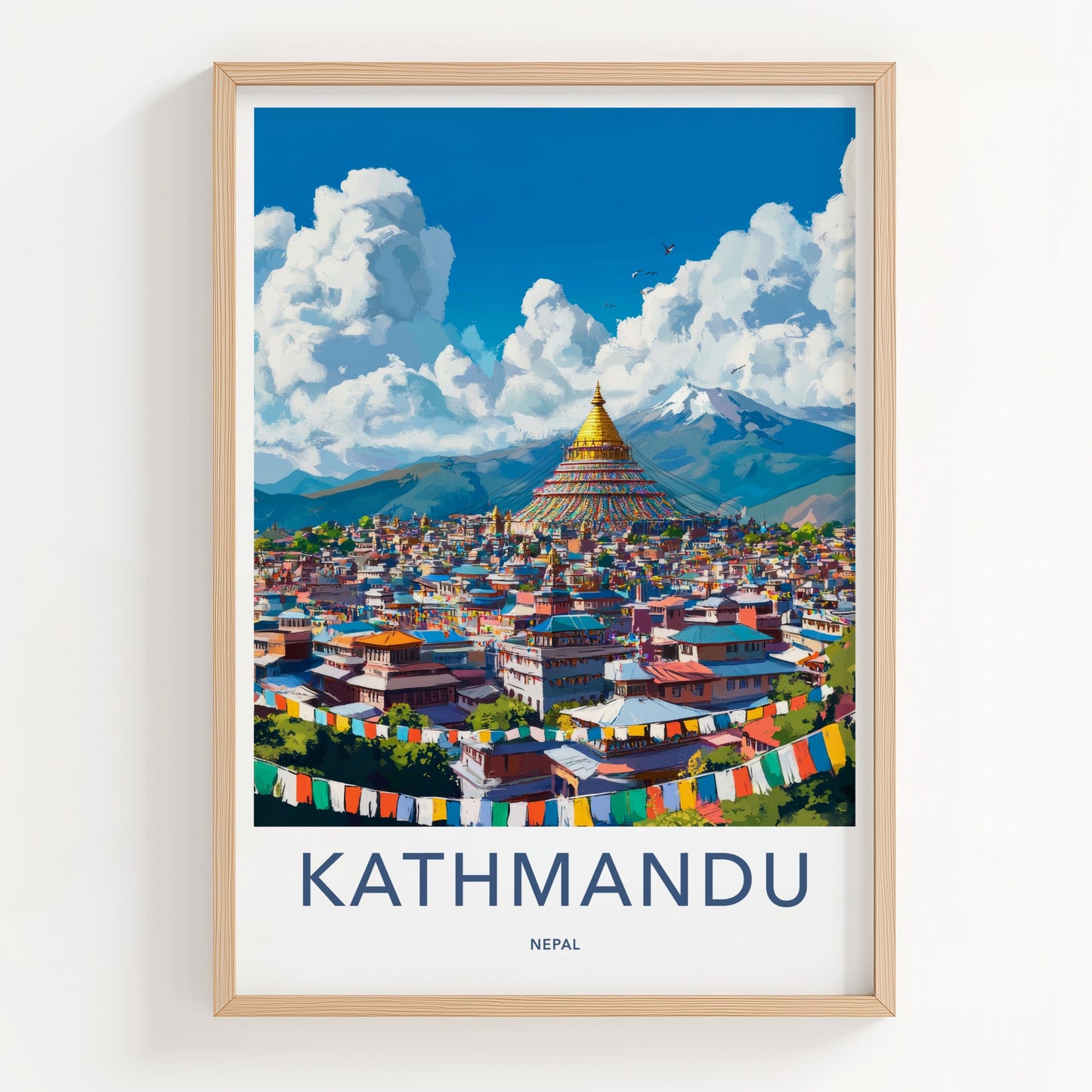 Kathmandu Poster - Nepal Travel Art - Golden Stupa City Home Decor