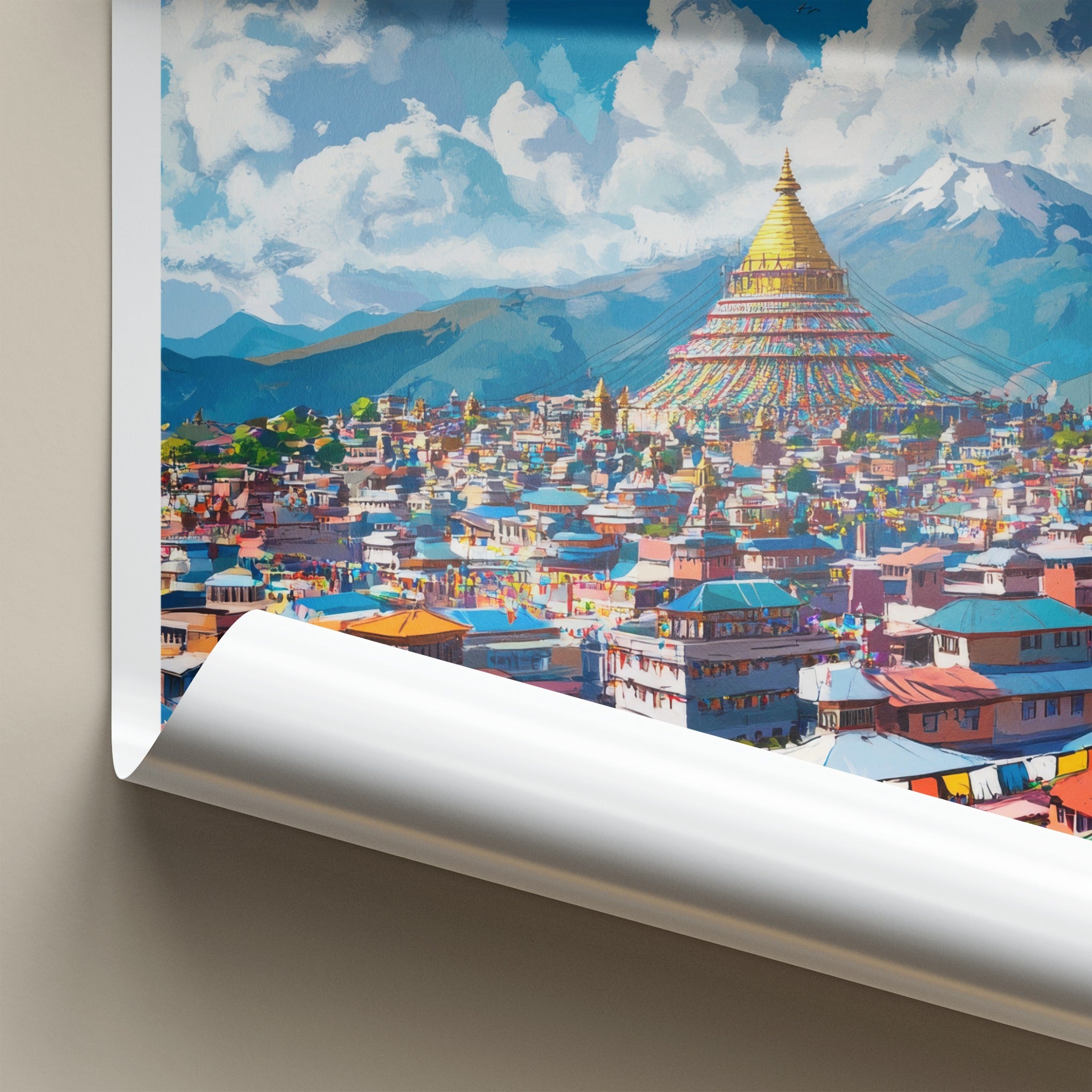 Kathmandu Poster - Nepal Travel Art - Golden Stupa City Home Decor