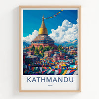 Kathmandu Poster - Nepal Travel Art - Golden Stupa Flags Home Decor