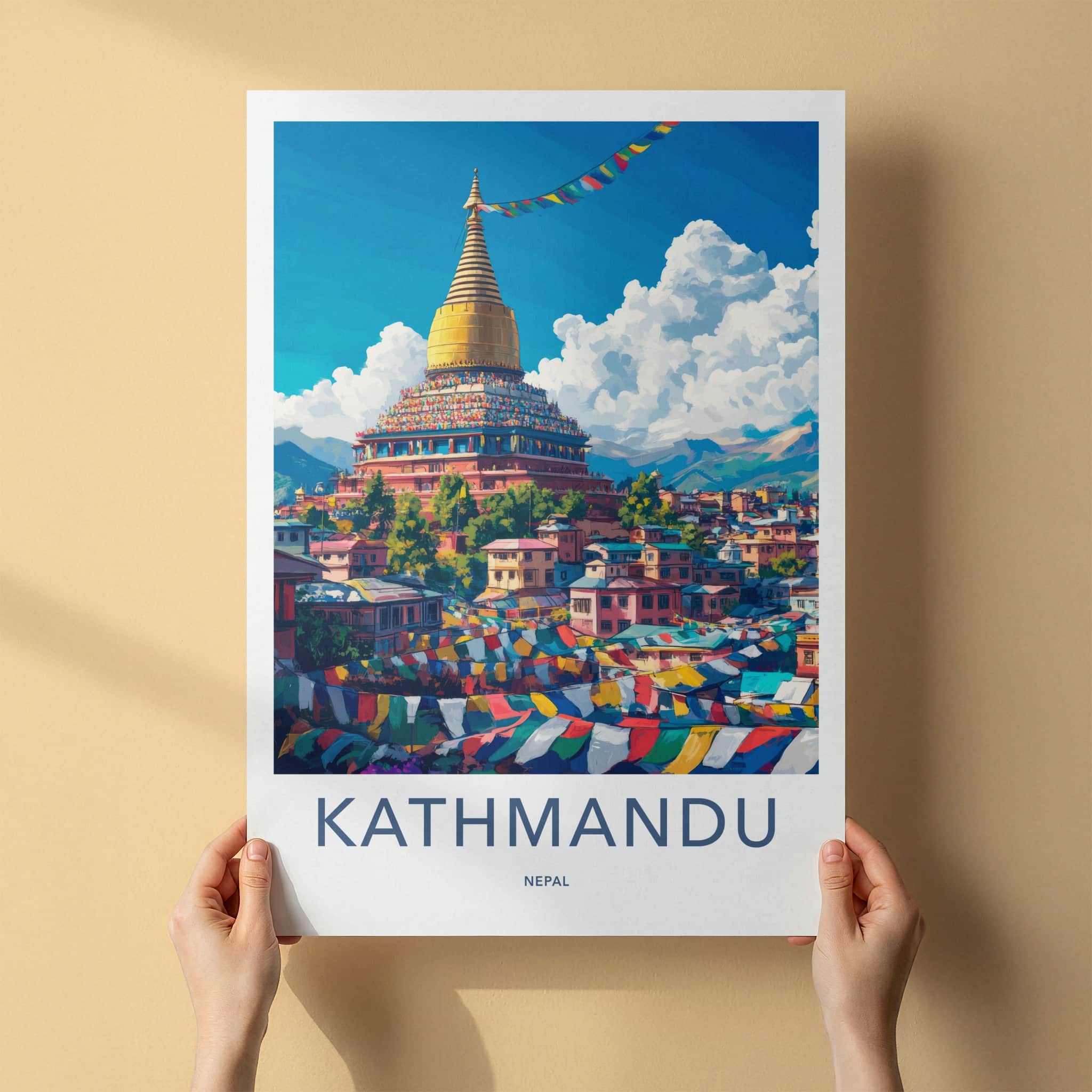 Kathmandu Poster - Nepal Travel Art - Golden Stupa Flags Home Decor