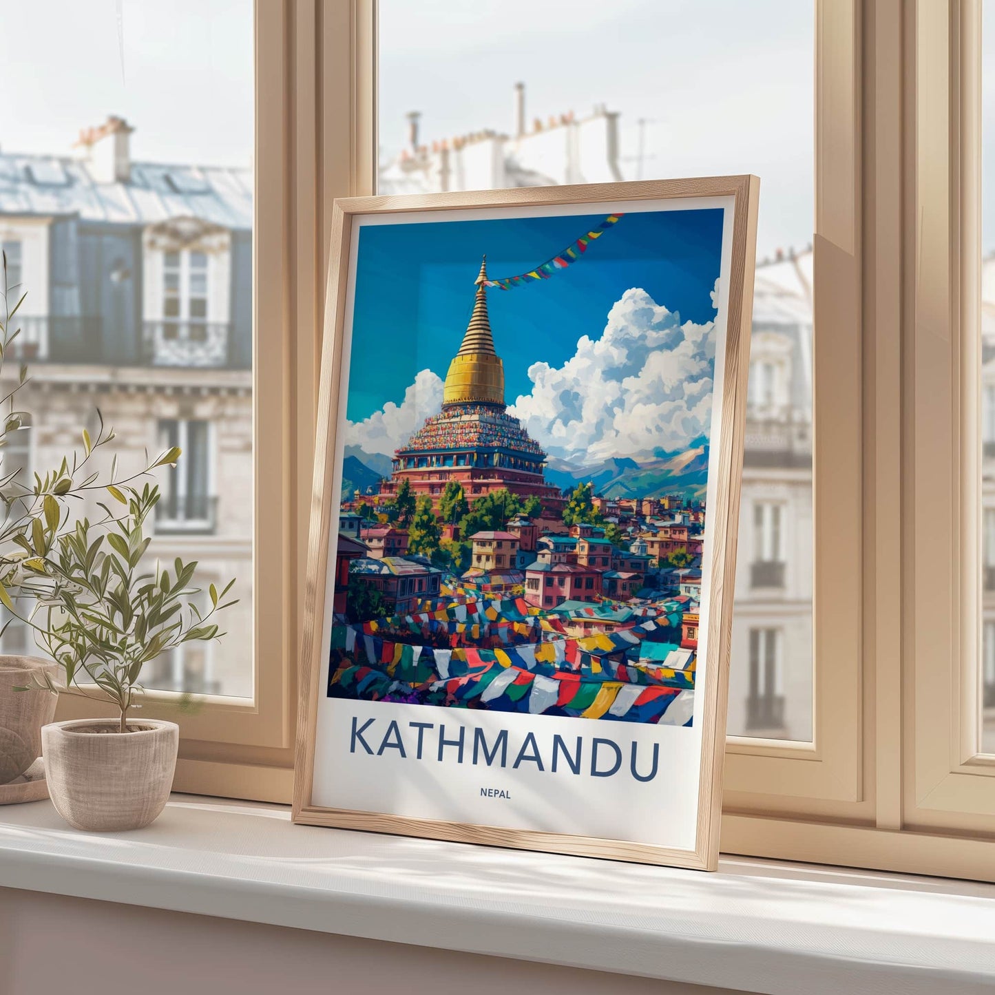 Kathmandu Poster - Nepal Travel Art - Golden Stupa Flags Home Decor