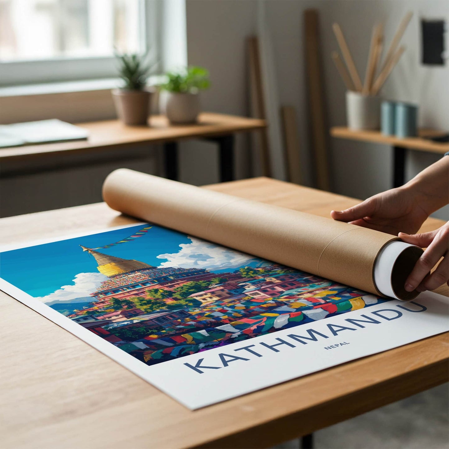 Kathmandu Poster - Nepal Travel Art - Golden Stupa Flags Home Decor