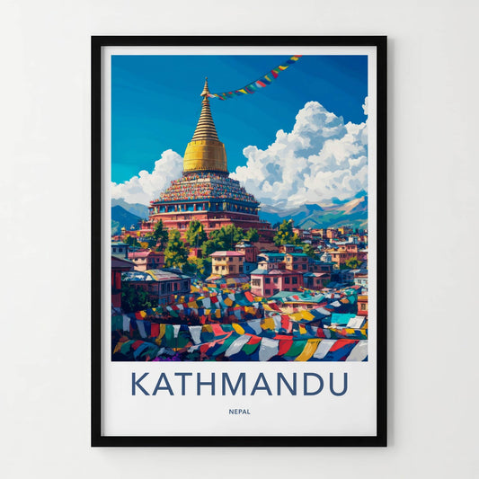 Kathmandu Poster - Nepal Travel Art - Golden Stupa Flags Home Decor
