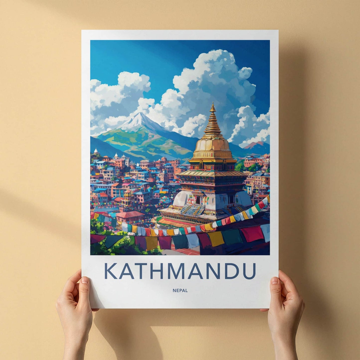 Kathmandu Poster - Nepal Travel Art - Golden Stupa Flags Wall Decor