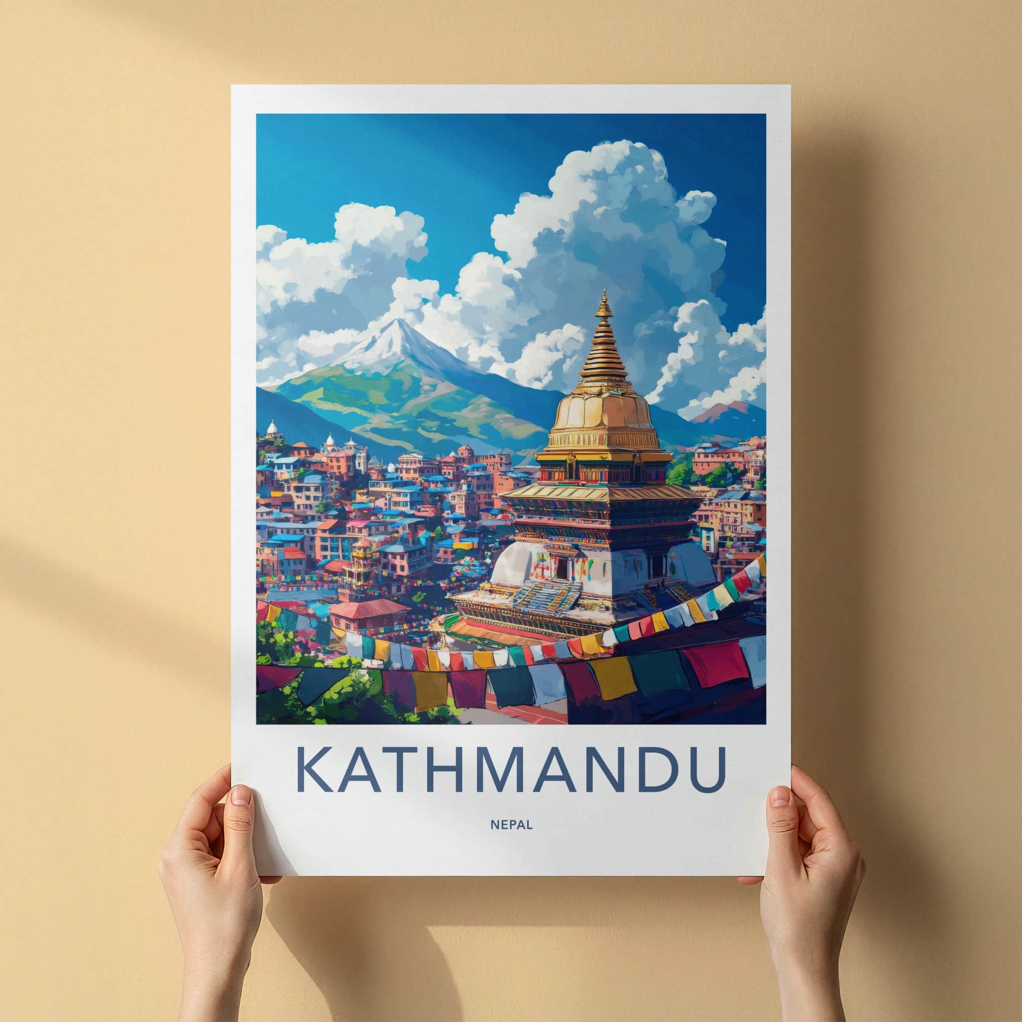 Kathmandu Poster - Nepal Travel Art - Golden Stupa Flags Wall Decor