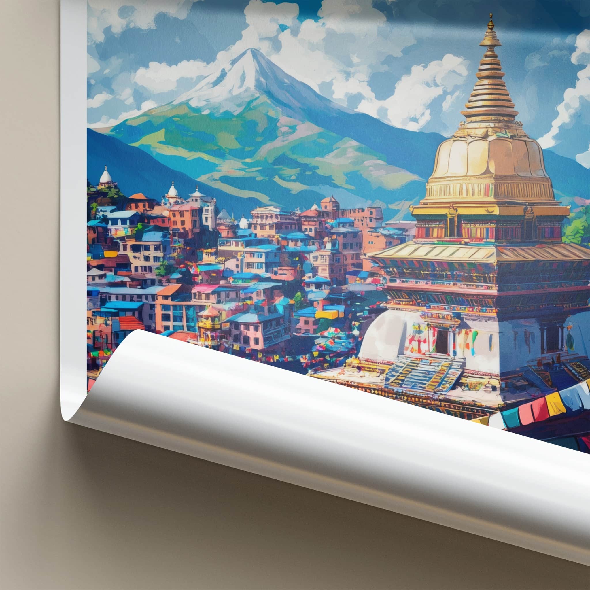Kathmandu Poster - Nepal Travel Art - Golden Stupa Flags Wall Decor