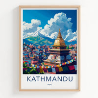 Kathmandu Poster - Nepal Travel Art - Golden Stupa Flags Wall Decor