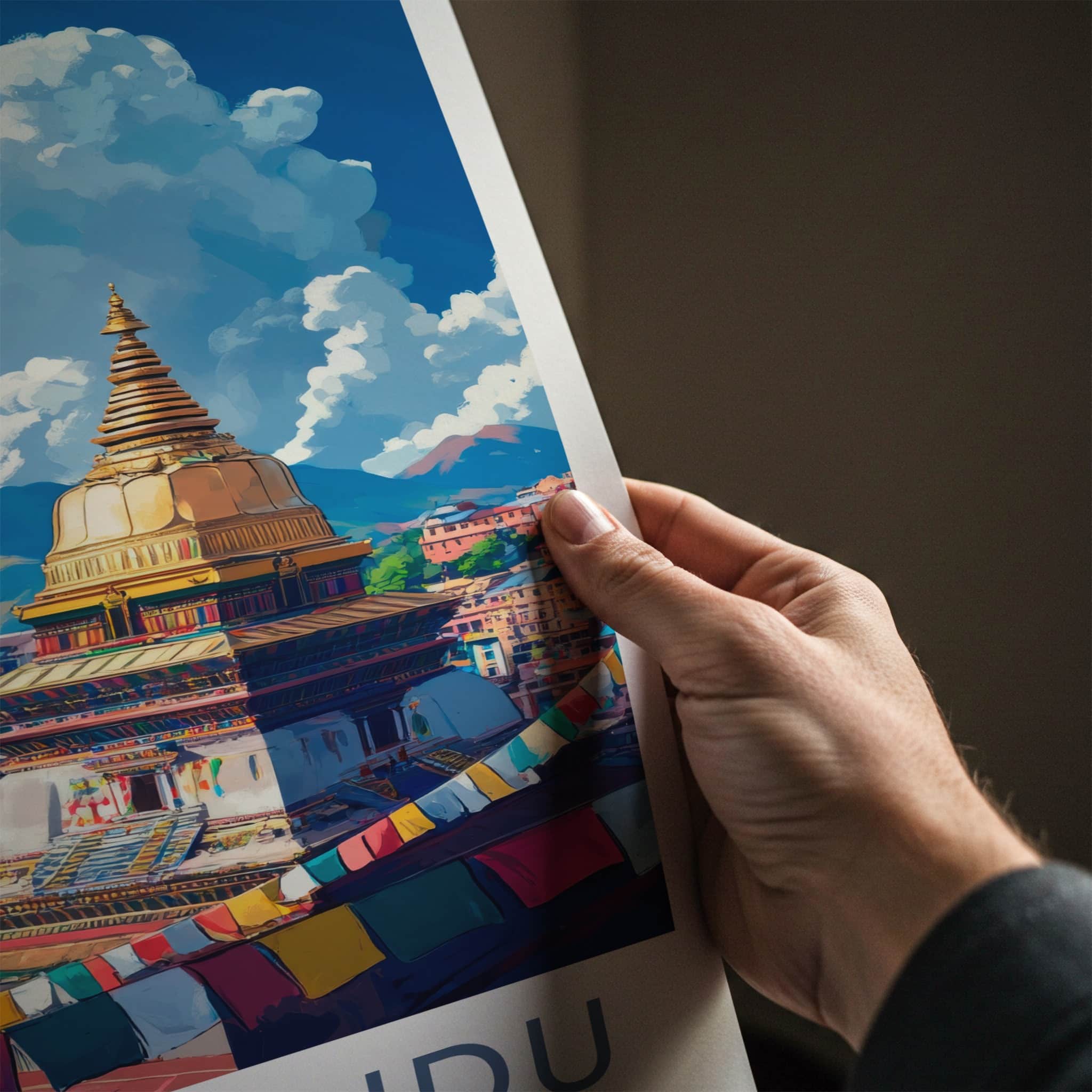 Kathmandu Poster - Nepal Travel Art - Golden Stupa Flags Wall Decor