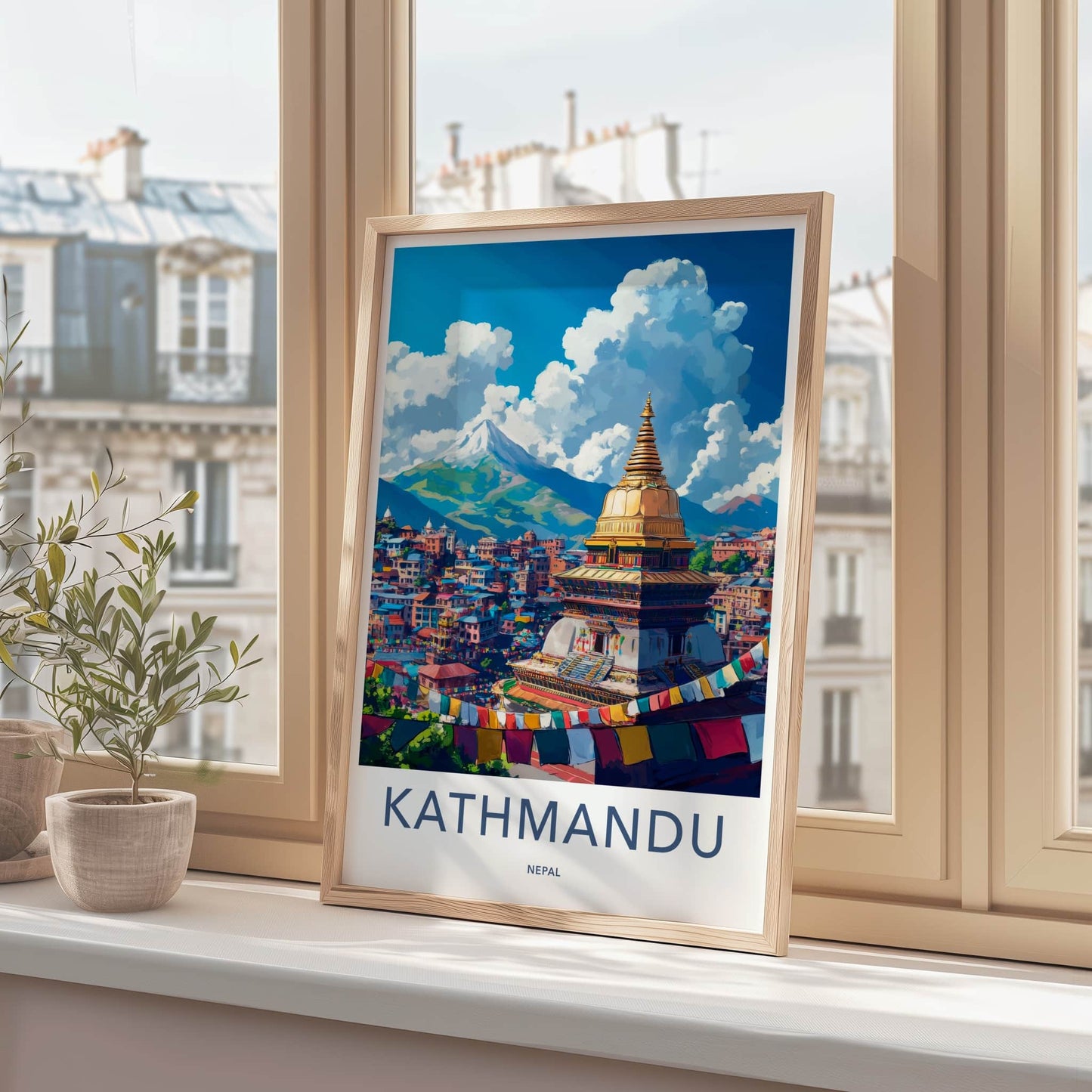 Kathmandu Poster - Nepal Travel Art - Golden Stupa Flags Wall Decor