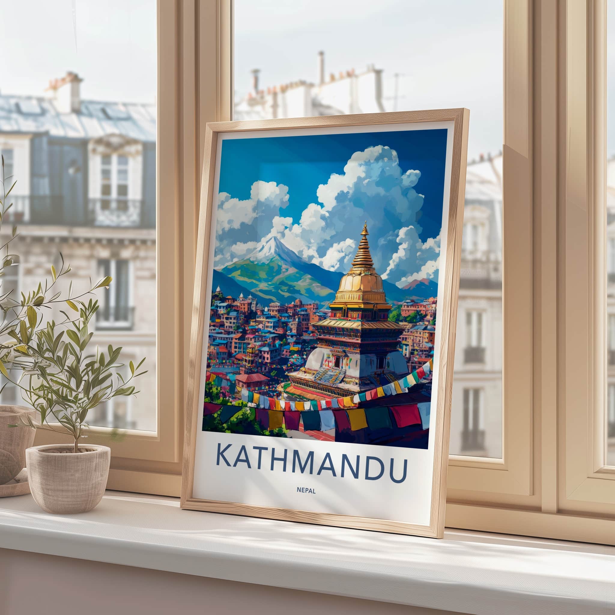 Kathmandu Poster - Nepal Travel Art - Golden Stupa Flags Wall Decor