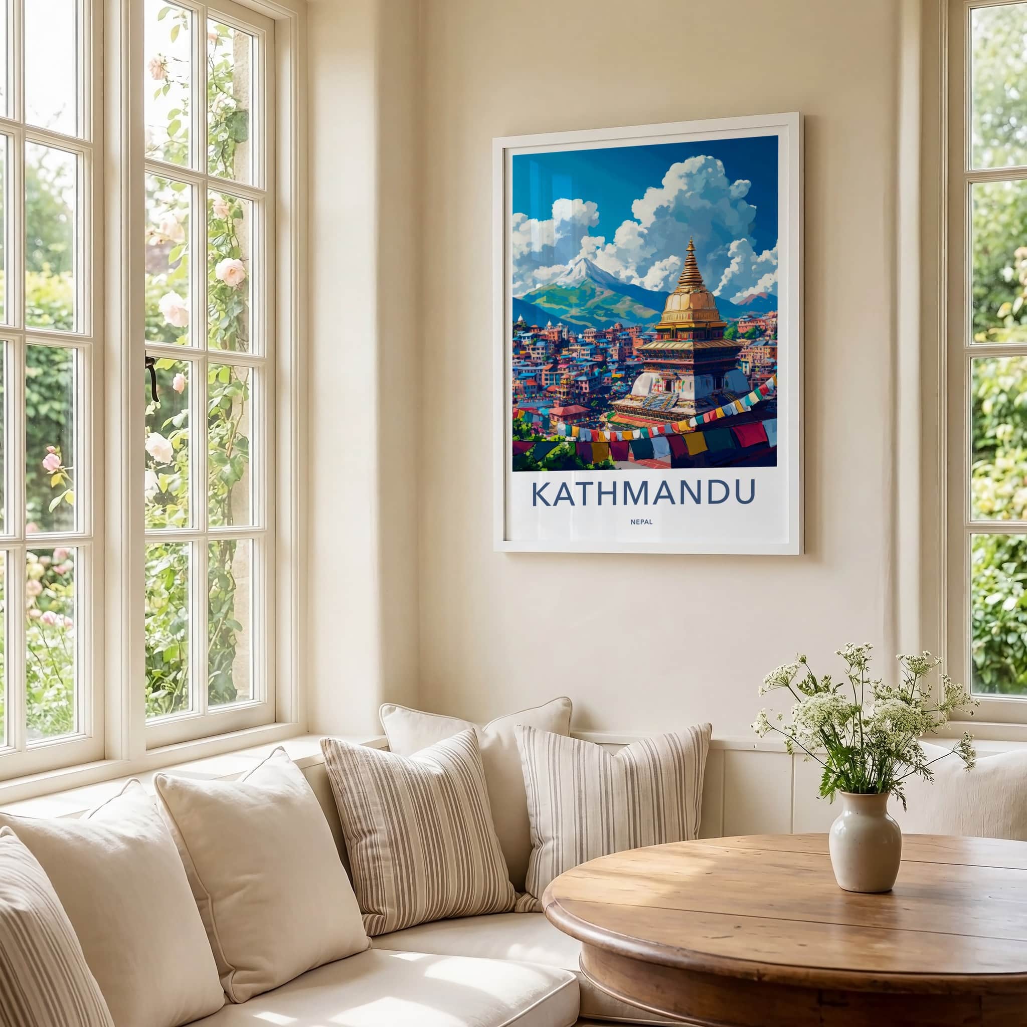 Kathmandu Poster - Nepal Travel Art - Golden Stupa Flags Wall Decor