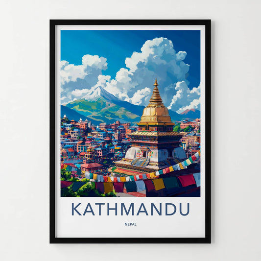 Kathmandu Poster - Nepal Travel Art - Golden Stupa Flags Wall Decor
