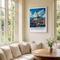 Kathmandu Poster - Nepal Travel Art - Golden Stupa Prayerflags Home Decor