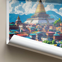 Kathmandu Poster - Nepal Travel Art - Golden Stupa Prayerflags Home Decor