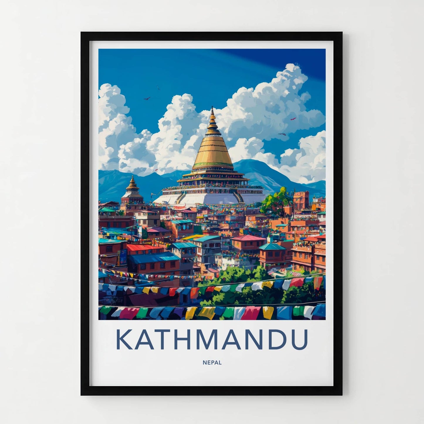 Kathmandu Poster - Nepal Travel Art - Golden Stupa Prayerflags Home Decor