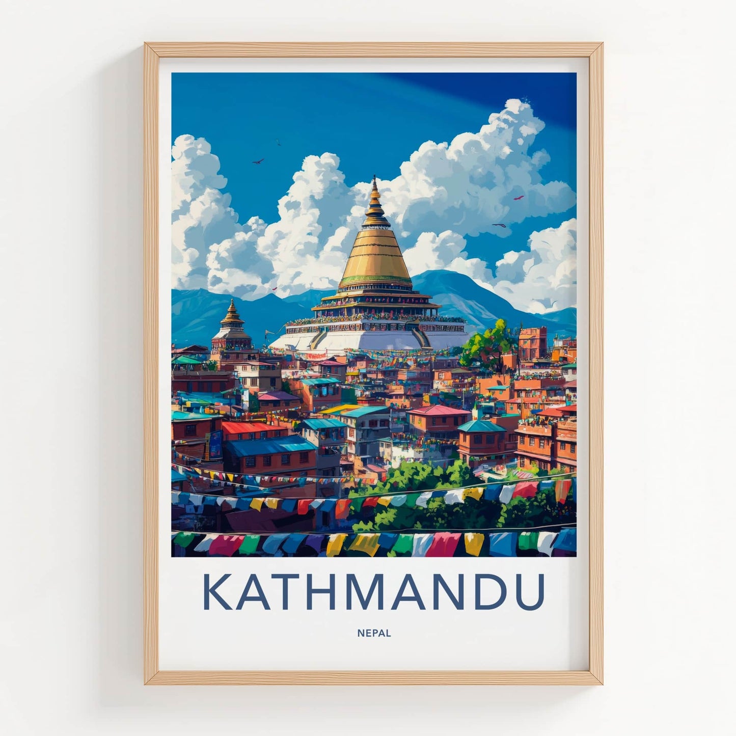 Kathmandu Poster - Nepal Travel Art - Golden Stupa Prayerflags Home Decor