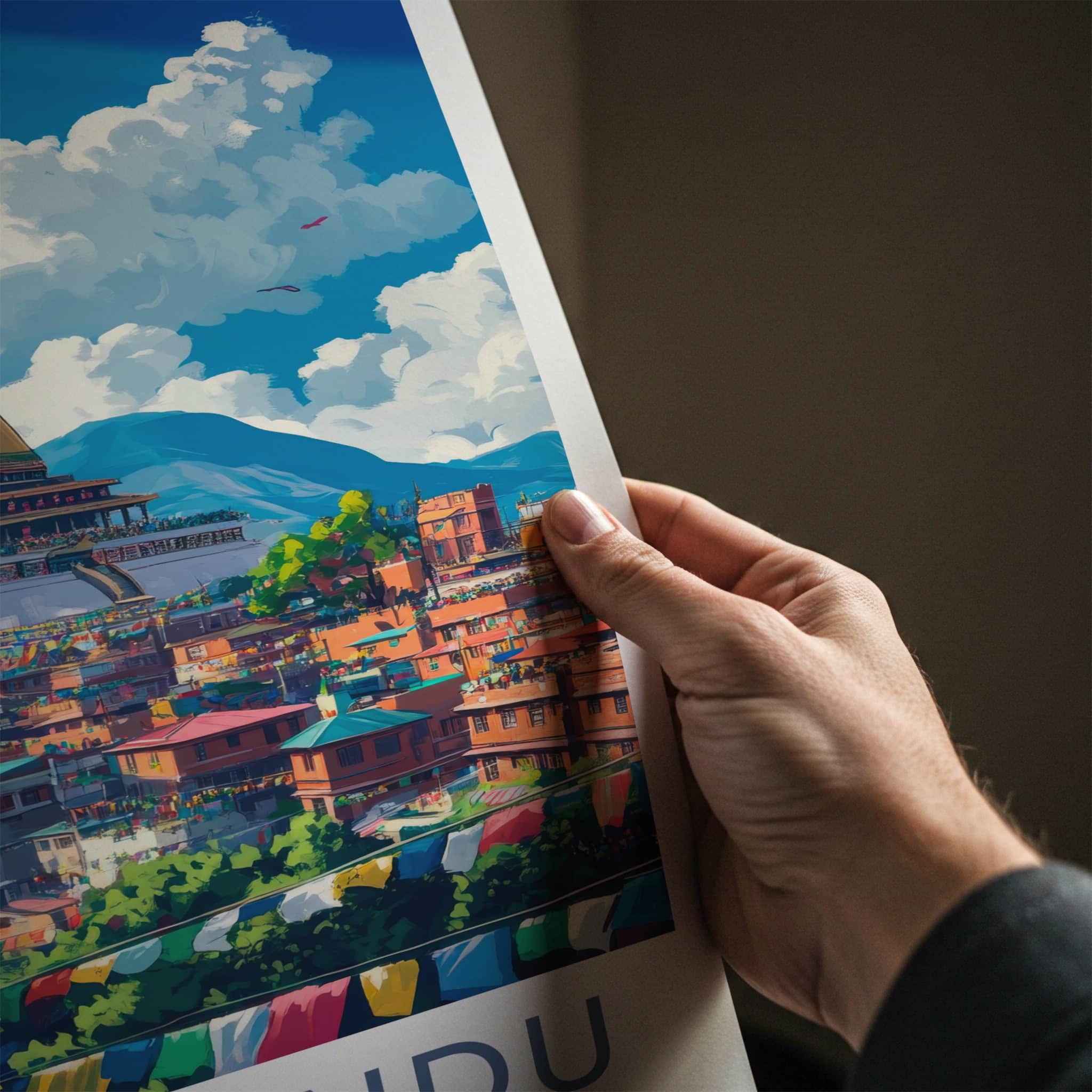 Kathmandu Poster - Nepal Travel Art - Golden Stupa Prayerflags Home Decor