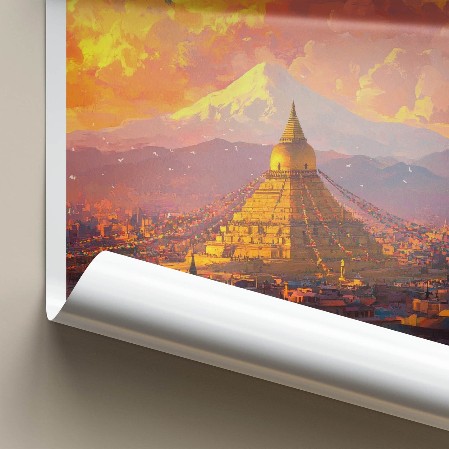 Kathmandu Poster - Nepal Travel Art - Golden Stupa Sunset Home Decor