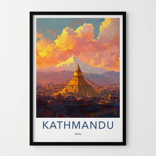 Kathmandu Poster - Nepal Travel Art - Golden Stupa Sunset Home Decor